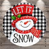 A cheerful snowman wearing a red hat and scarf, with the text "LET IT SNOW" written on it, against a background of a black and white checkered pattern.