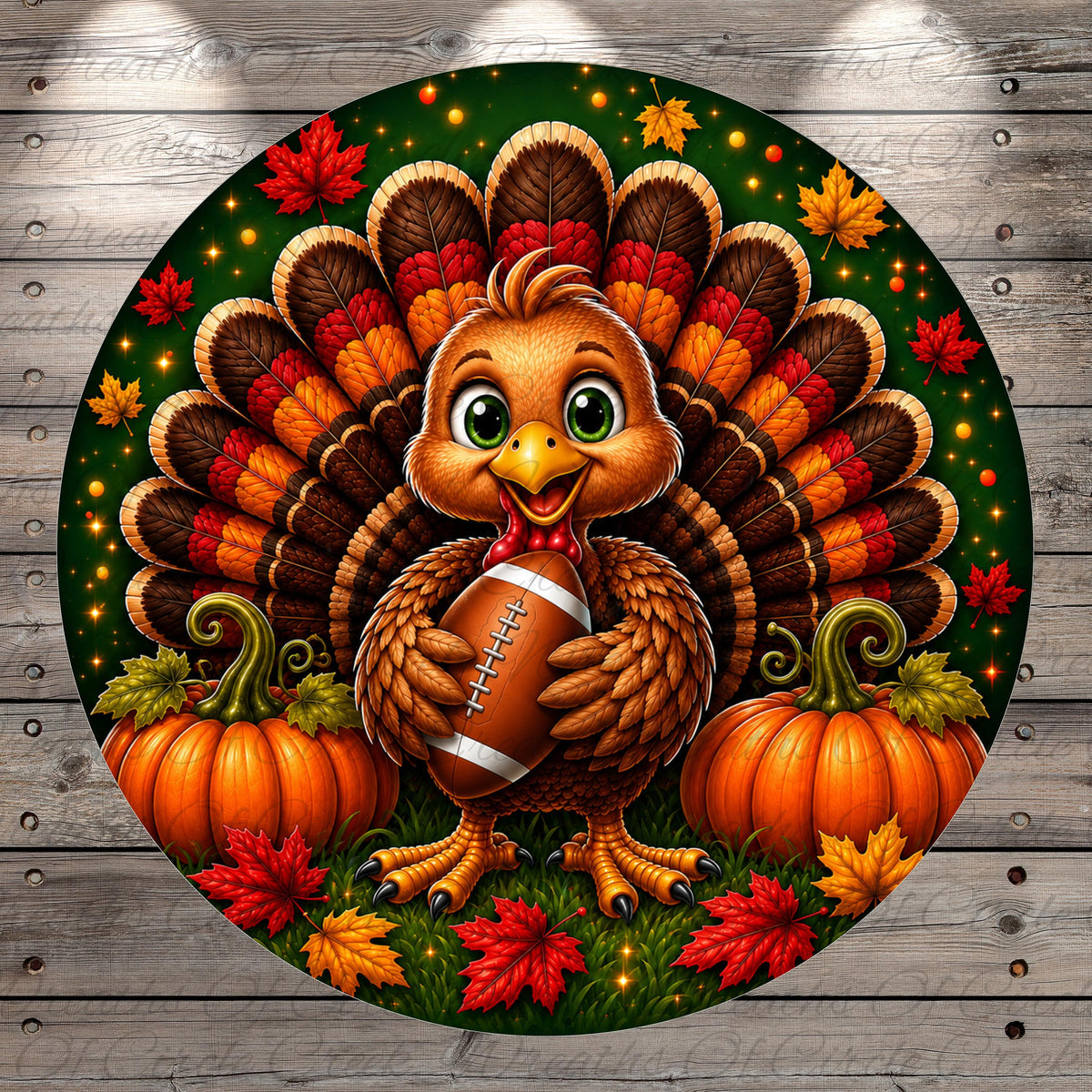 A cheerful turkey holding a football, surrounded by pumpkins and autumn leaves, creating a festive Thanksgiving scene.