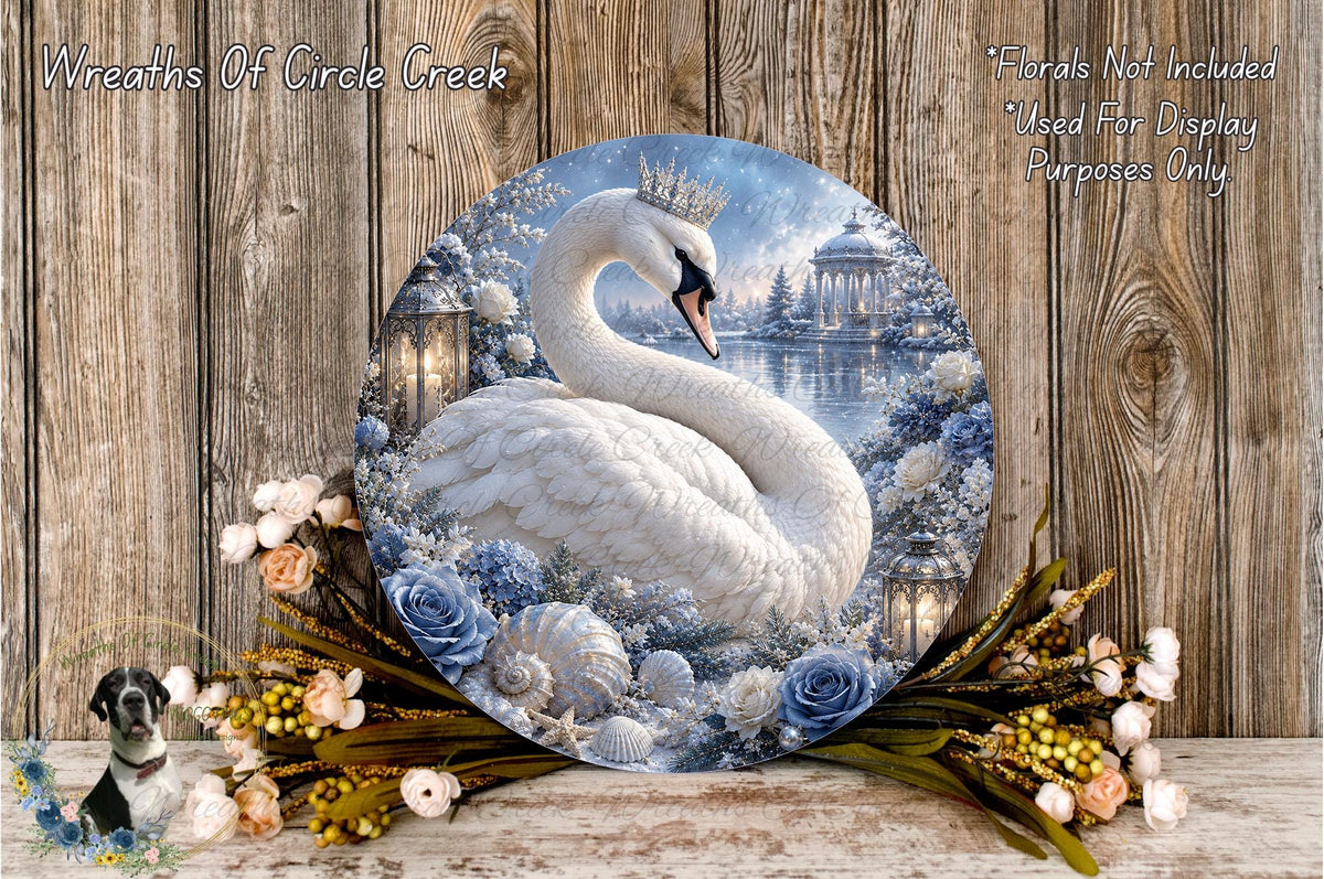 A large circular decorative plate featuring a white swan surrounded by a floral arrangement and a serene landscape.