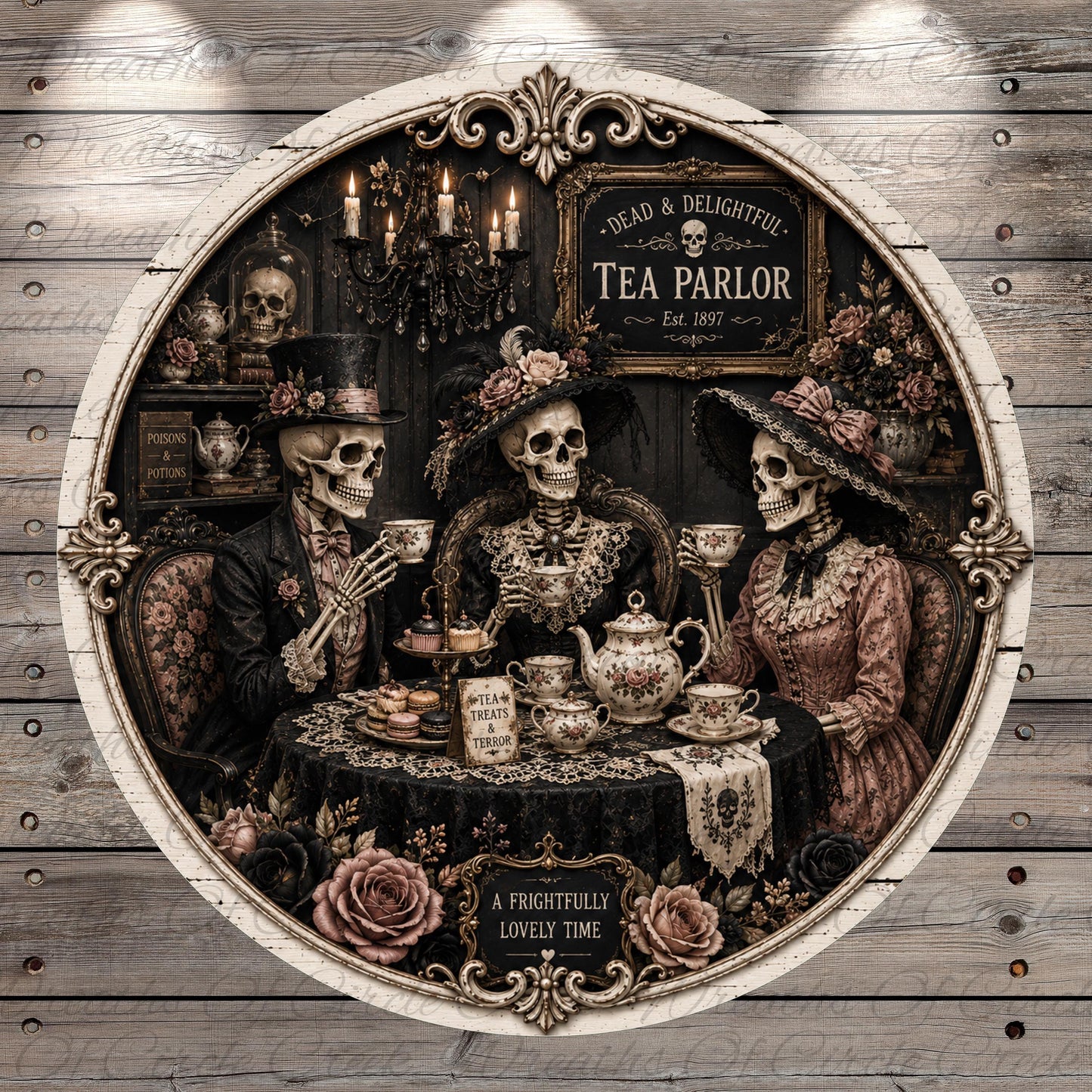 A decorative plate featuring three skeletons dressed in Victorian-era clothing, sitting at a table with tea and other items, surrounded by floral arrangements and a sign that reads "Dead & Delightful Tea Parlor".