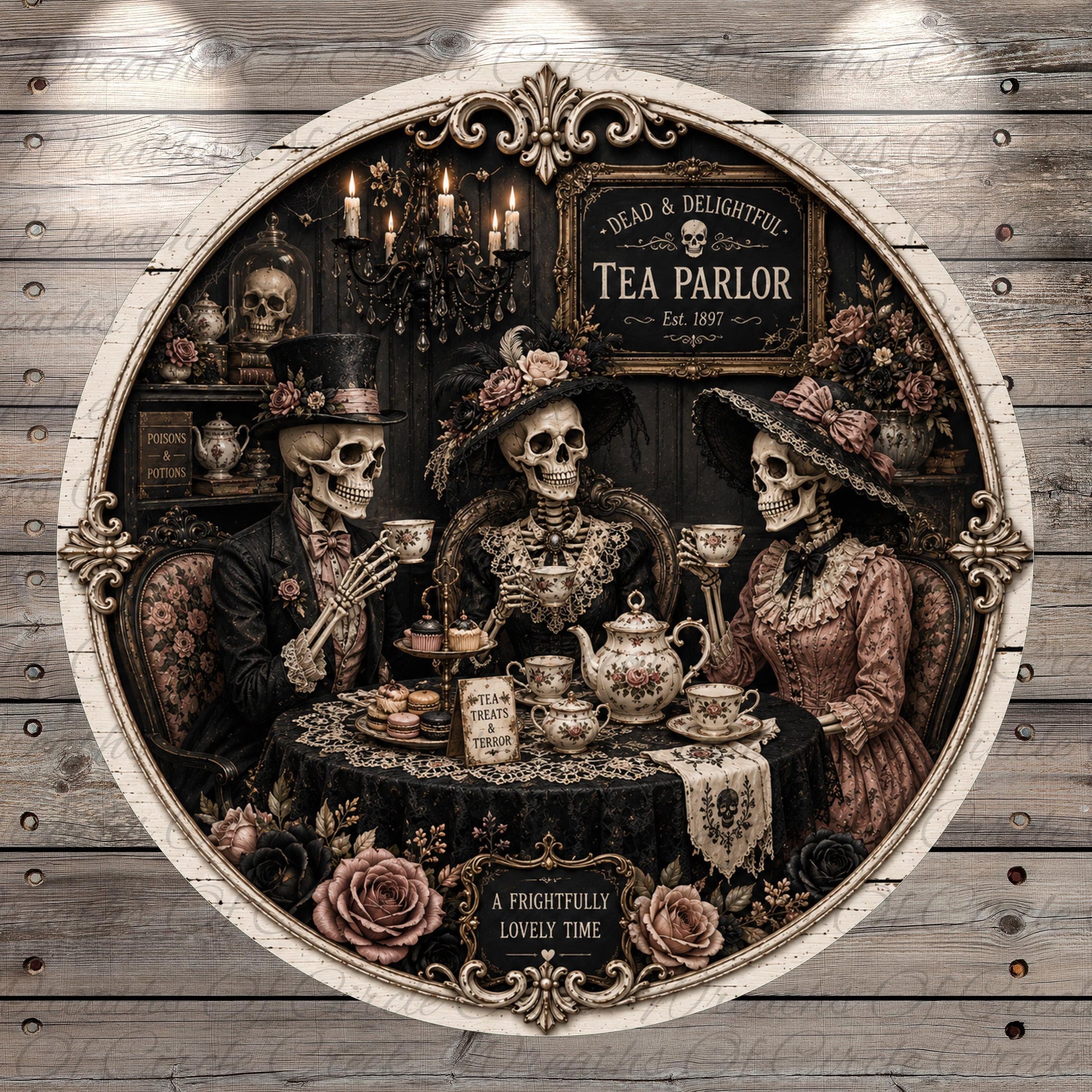 A decorative plate featuring three skeletons dressed in Victorian-era clothing, sitting at a table with tea and other items, surrounded by floral arrangements and a sign that reads "Dead & Delightful Tea Parlor".