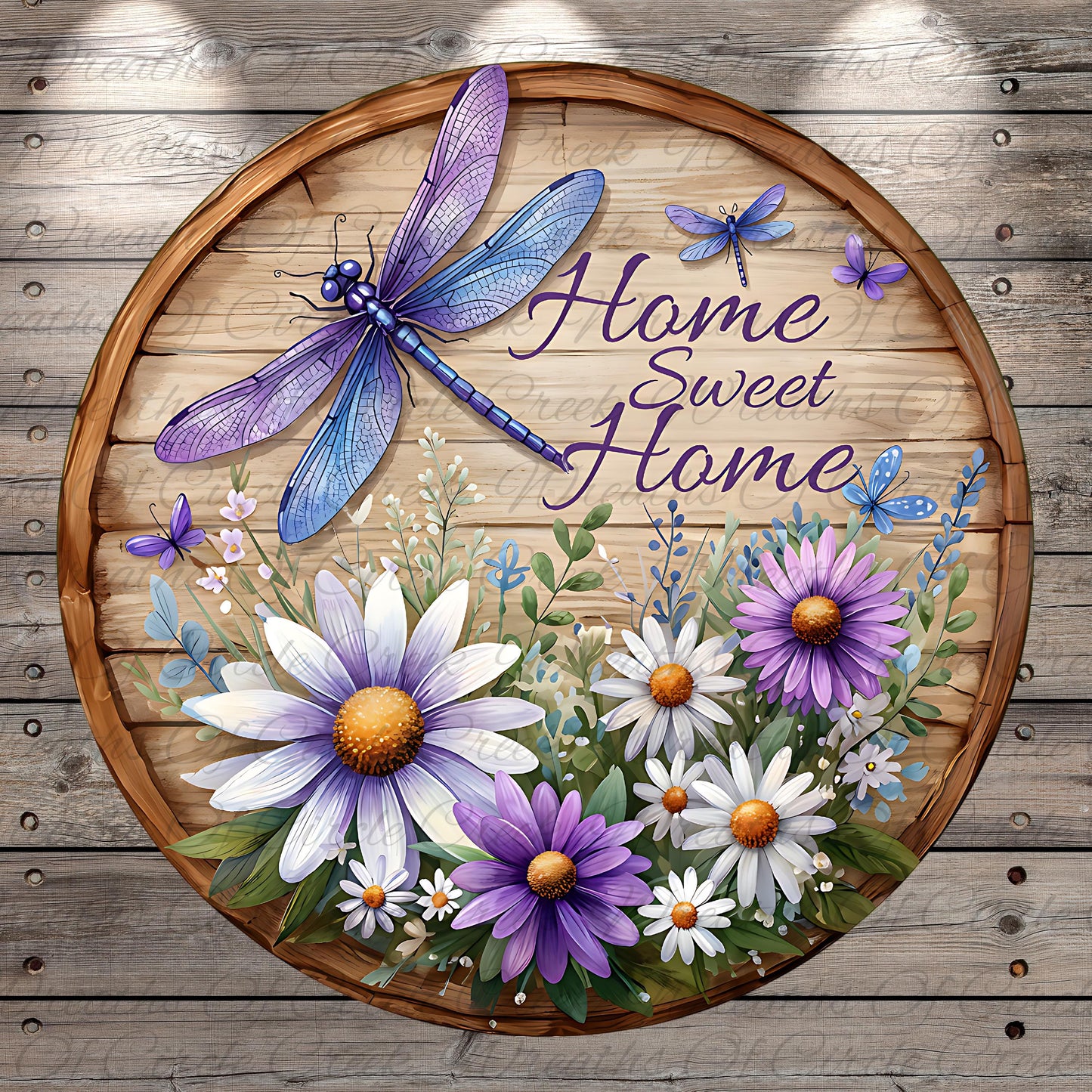 A wooden sign with a dragonfly and flowers, along with the text "Home Sweet Home" written on it.