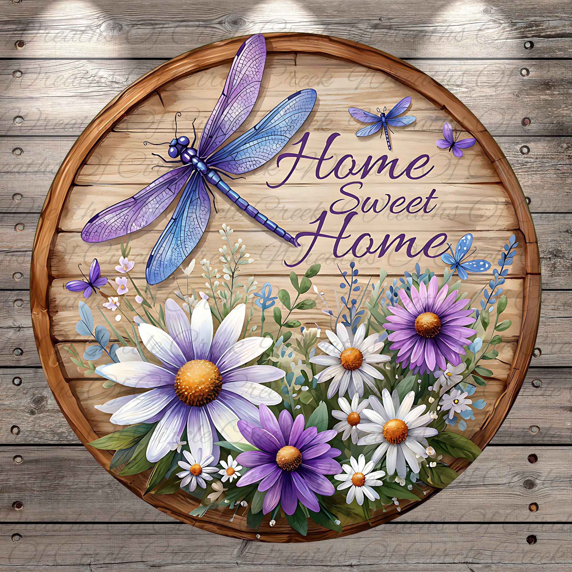 A wooden sign with a dragonfly and flowers, along with the text "Home Sweet Home" written on it.