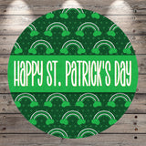 The image is a circular graphic with a green background and white text that reads "Happy St. Patrick's Day".