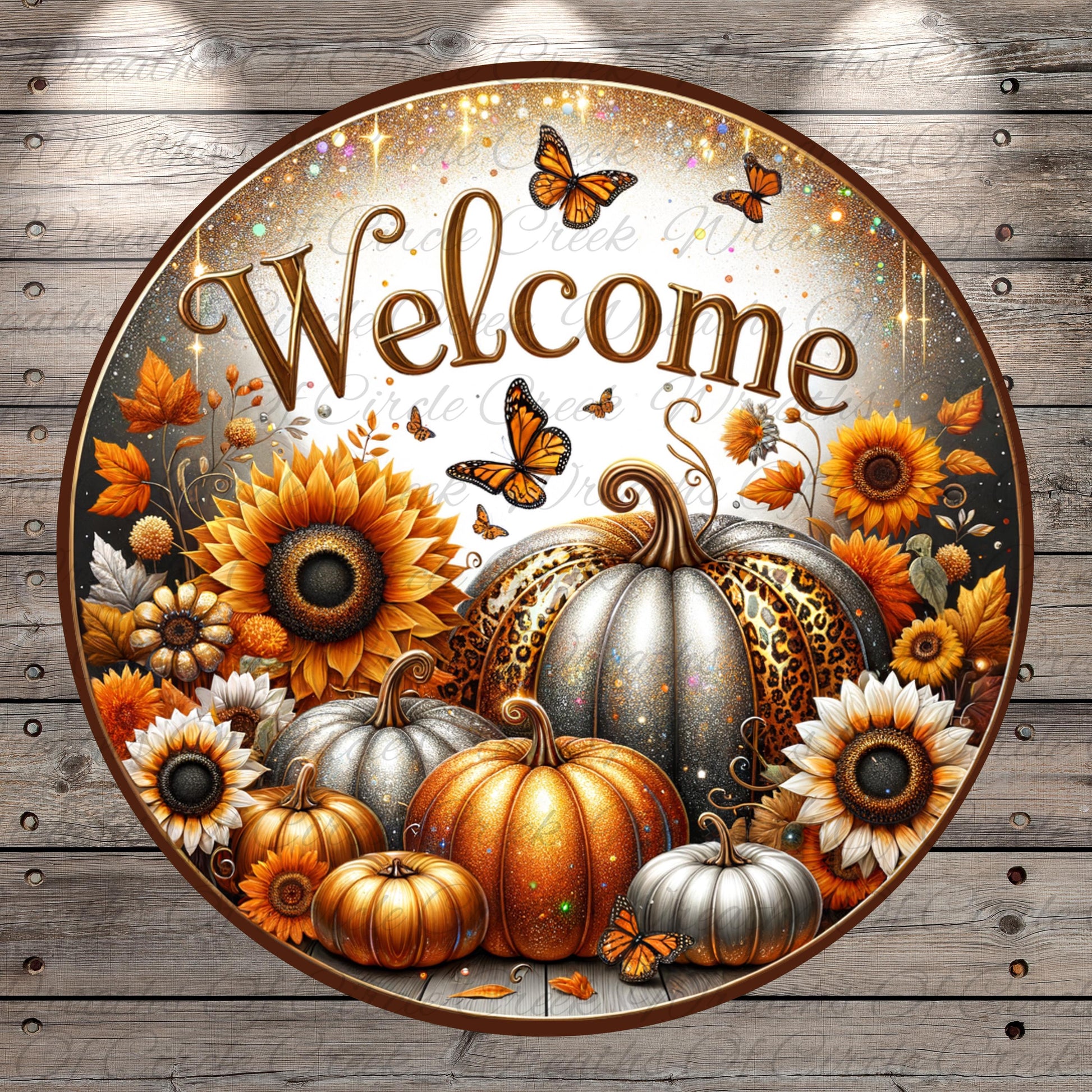 a circular sign with a welcoming message surrounded by autumn-themed elements such as sunflowers, pumpkins, and butterflies.
