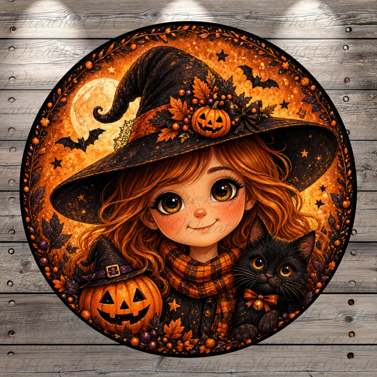 A young girl with long, curly hair wearing a witch's hat and holding a carved jack-o-lantern is surrounded by a festive Halloween scene, including a black cat and a pumpkin.