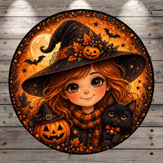 A young girl with long, curly hair wearing a witch's hat and holding a carved jack-o-lantern is surrounded by a festive Halloween scene, including a black cat and a pumpkin.