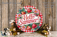 A decorative plate with the text "Hello Summer!" surrounded by a floral arrangement and a wooden background.