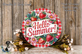 A decorative plate with the text "Hello Summer!" surrounded by a floral arrangement and a wooden background.