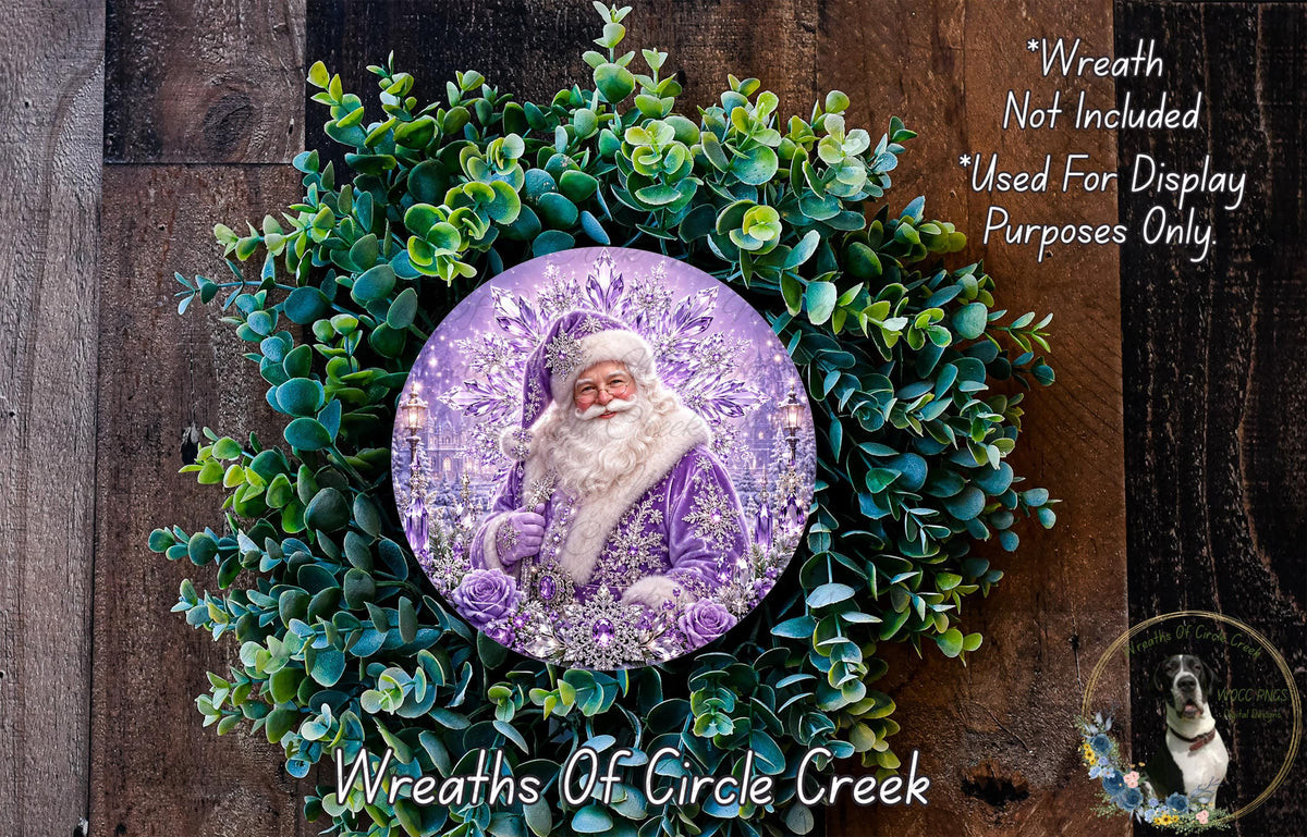 A wreath featuring a purple Santa Claus figure surrounded by green foliage.