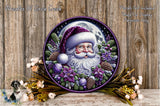 A decorative wreath featuring a Santa Claus face surrounded by various holiday-themed elements, including flowers, pine cones, and a full moon.