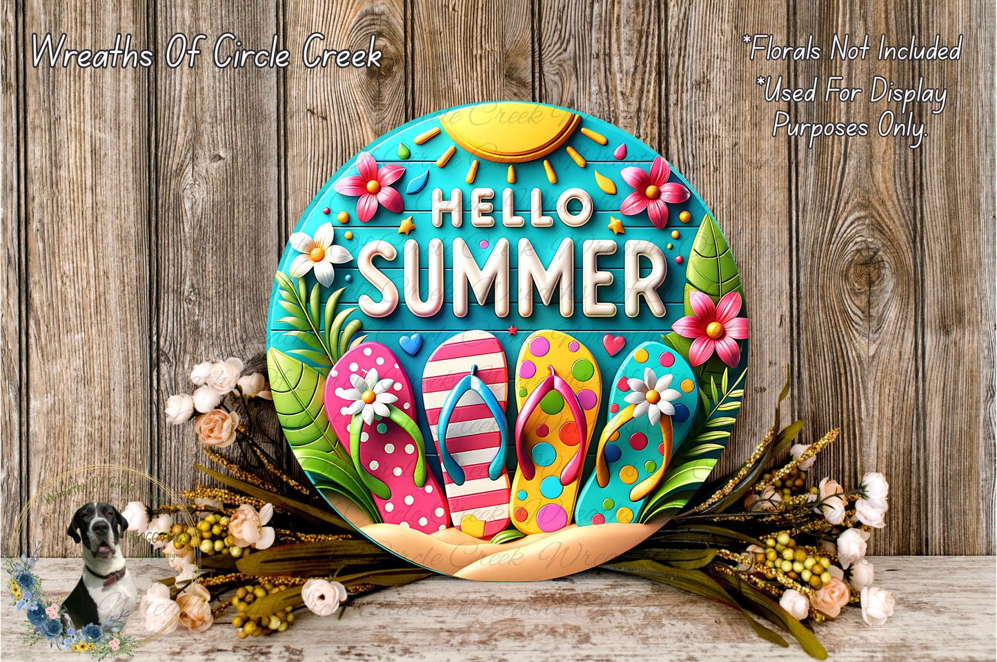 A colorful sign with the text "HELLO SUMMER" surrounded by various summer-themed elements such as flowers, flip flops, and leaves, all set against a rustic wooden background.