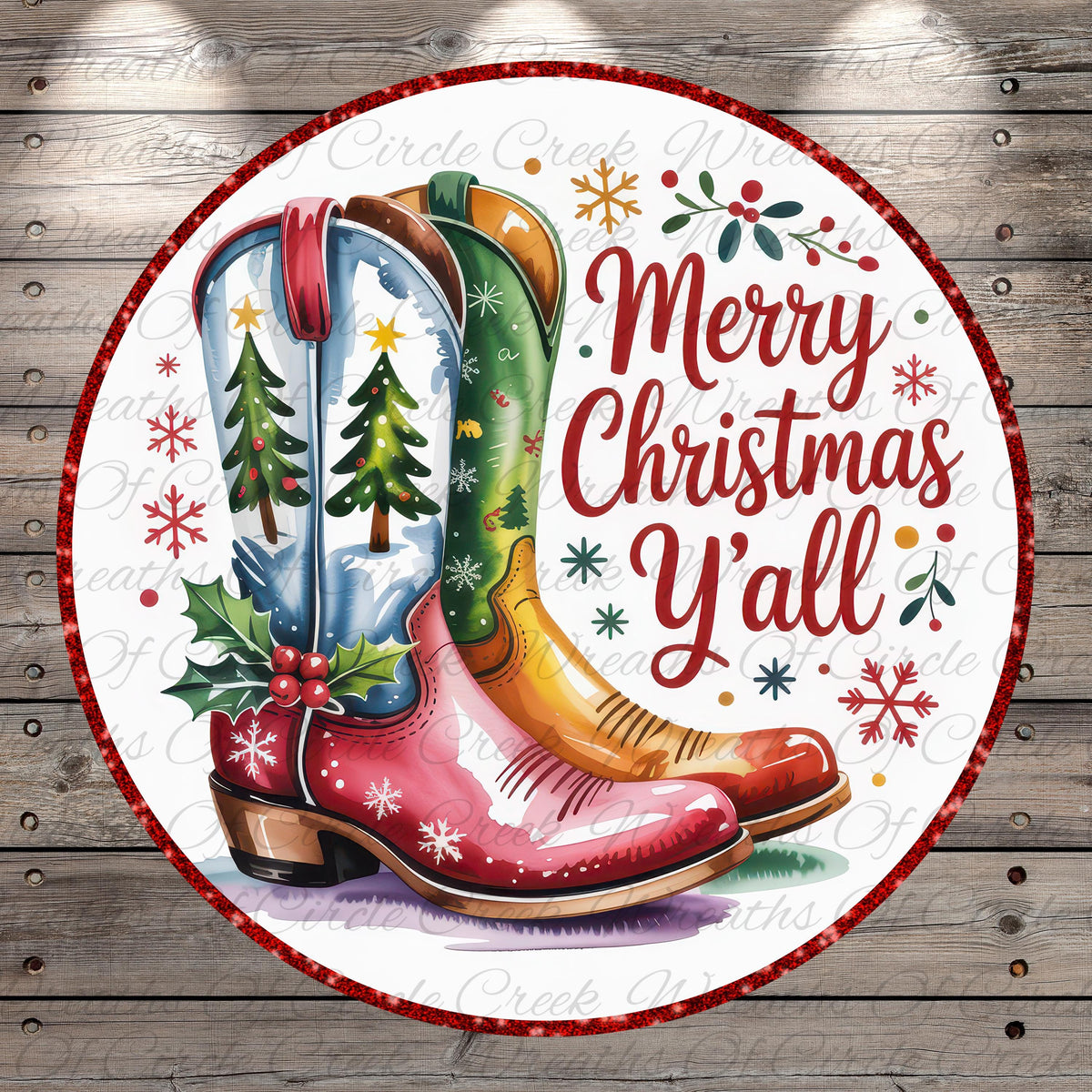 A festive Christmas-themed image featuring a pair of colorful cowboy boots with snowflake decorations, surrounded by the text "Merry Christmas Y'all" against a wooden background.