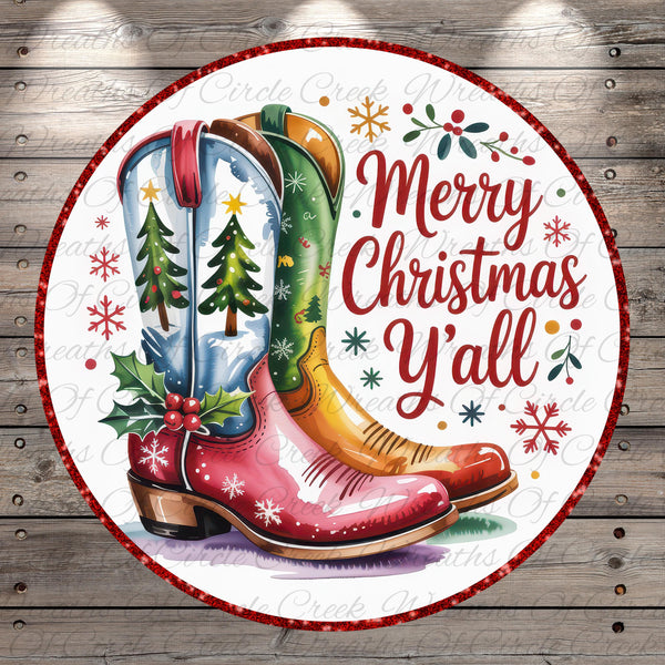 A festive Christmas-themed image featuring a pair of colorful cowboy boots with snowflake decorations, surrounded by the text "Merry Christmas Y'all" against a wooden background.