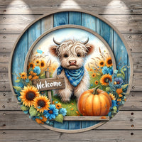 Fall Highland Cows, Welcome, Sunflowers, Pumpkins, Blue, Orange, Rustic, Round, Light Weight, Metal Wreath Sign, No Holes In Sign