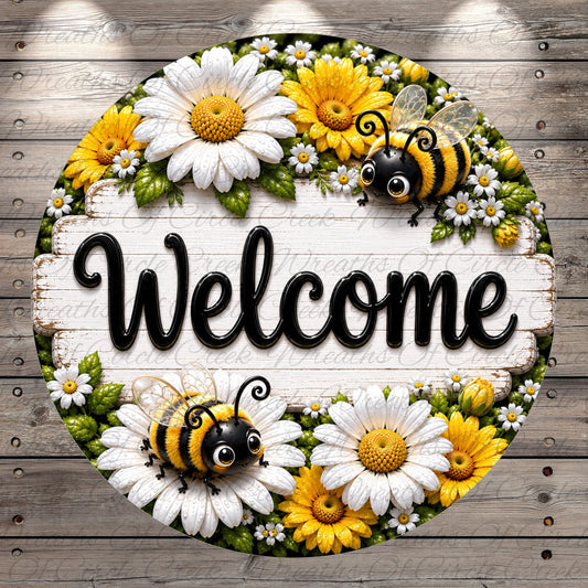 A circular sign with the word "Welcome" in the center, surrounded by a floral border of white and yellow flowers, with two cartoon bees on either side.