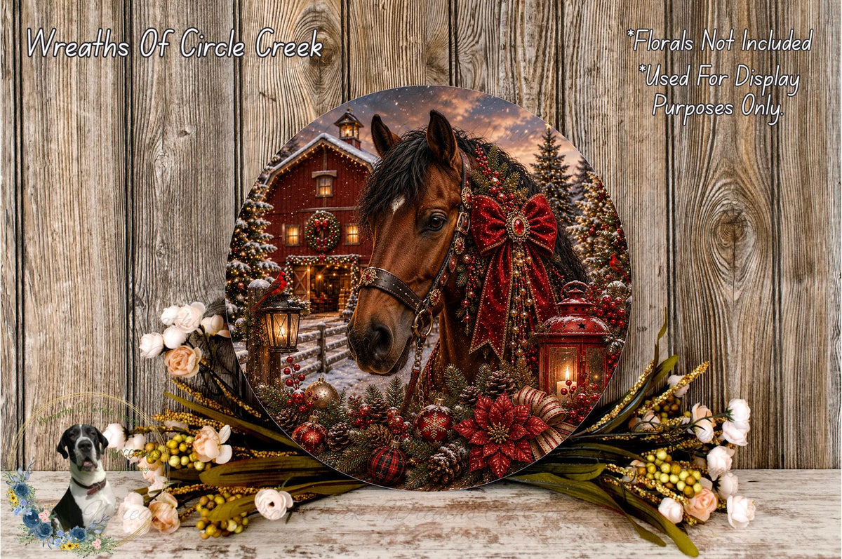 A large circular wooden plaque featuring a horse surrounded by Christmas decorations, including a wreath, lanterns, and flowers.