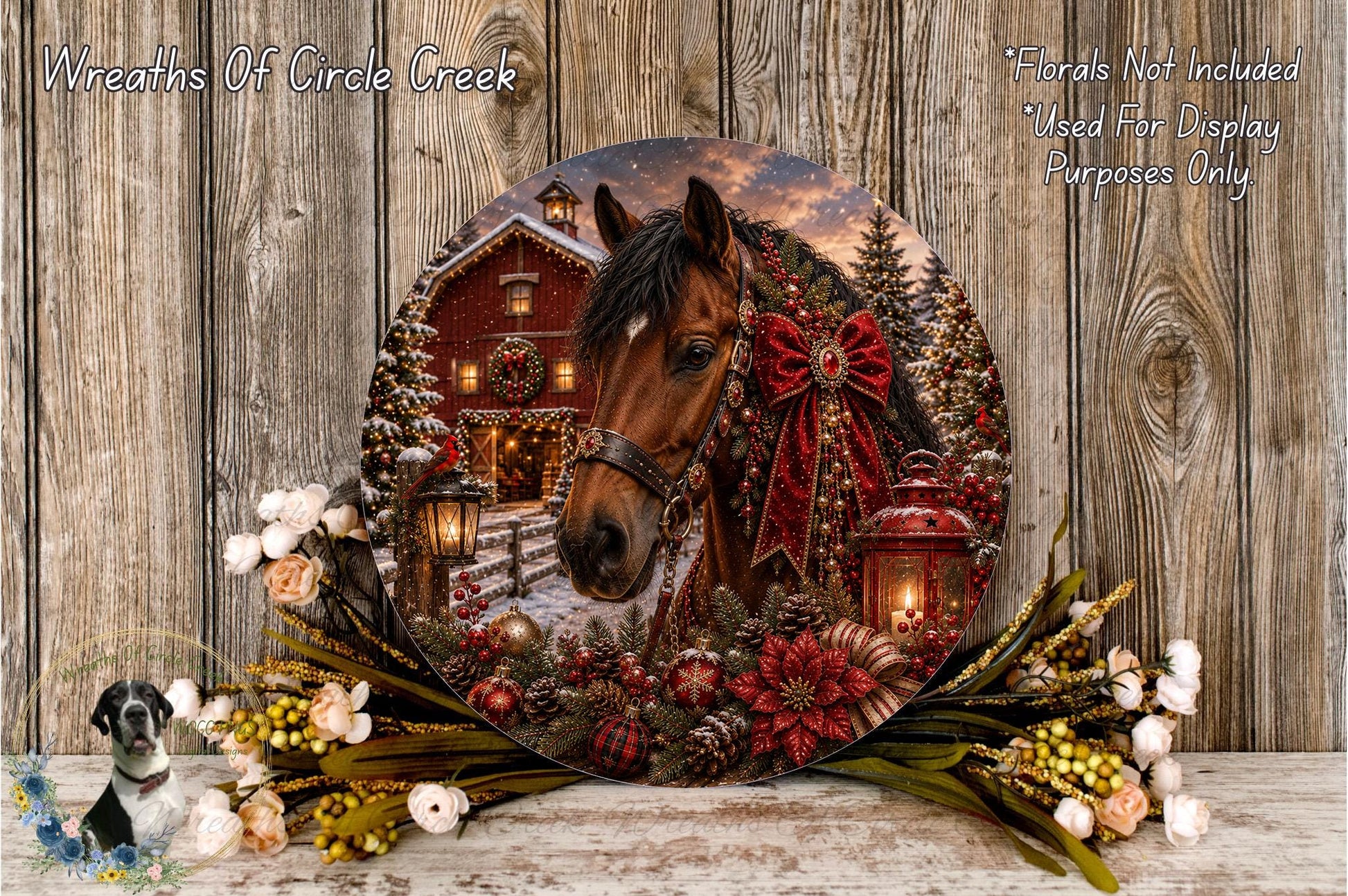 A large circular wooden plaque featuring a horse surrounded by Christmas decorations, including a wreath, lanterns, and flowers.