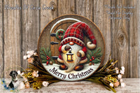 A round wooden plaque featuring a gnome holding a lantern, surrounded by holiday decorations such as flowers and greenery, with the text "Merry Christmas" displayed on it.