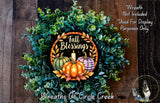 a wreath made of various fall-themed elements, including pumpkins, leaves, and a candle. The wreath is displayed on a wooden surface, and there is a small dog in the bottom right corner of the image.