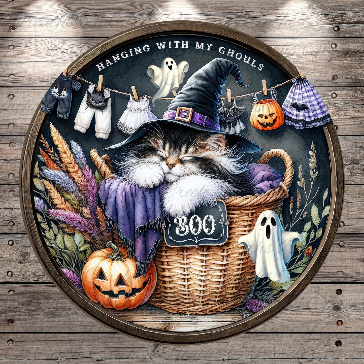 A whimsical Halloween-themed illustration featuring a cat wearing a witch's hat, surrounded by various Halloween-themed items such as a pumpkin, clothes, and a ghost.