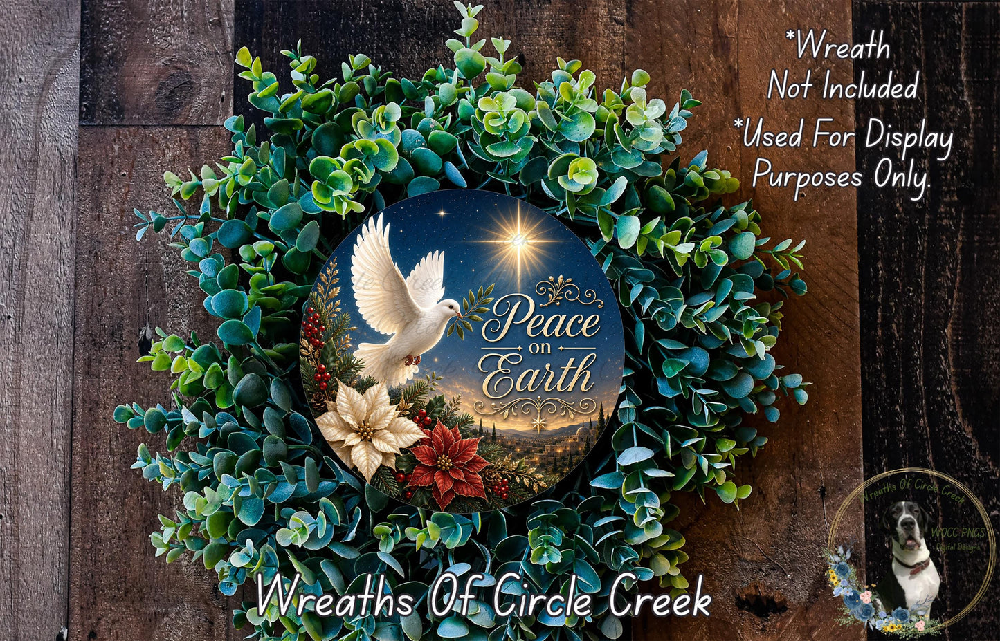 A wreath made of green leaves and flowers, with a white dove and a starry night sky in the center. The wreath has the text "Peace on Earth" written on it.