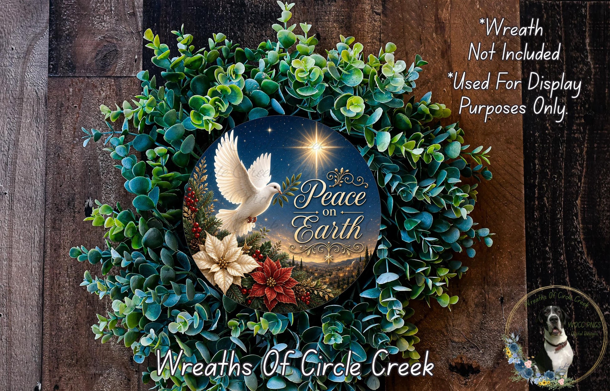 A wreath made of green leaves and flowers, with a white dove and a starry night sky in the center. The wreath has the text "Peace on Earth" written on it.