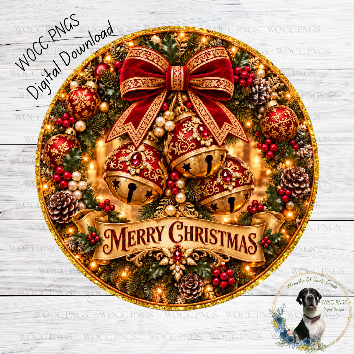 The image is a festive Christmas wreath adorned with various ornaments, including bells, pine cones, berries, and a ribbon with the text "Merry Christmas". The wreath is set against a white wooden background, and there is a small dog visible in the bottom right corner of the image.