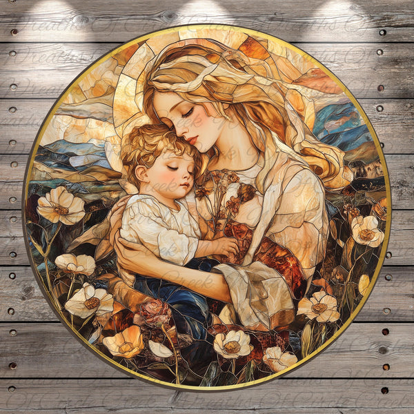 The image is a circular painting depicting a woman holding a child, surrounded by flowers and a serene landscape.
