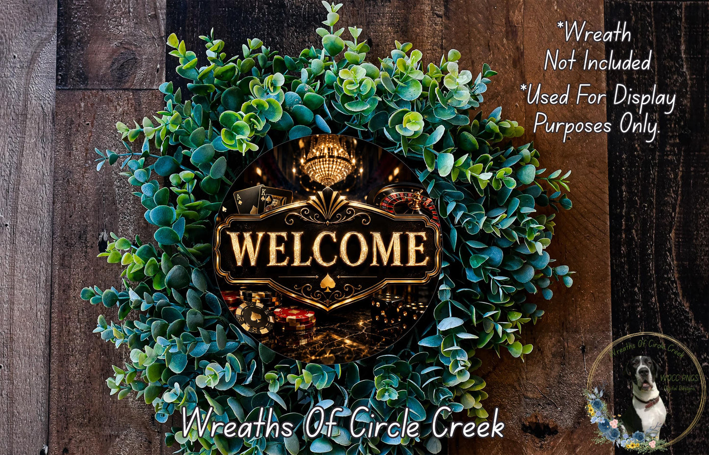 a wreath with the word "WELCOME" prominently displayed in the center. The wreath is made of various green and brown foliage, creating a festive and welcoming atmosphere. The background of the image is a wooden wall, which complements the wreath and adds to the overall aesthetic.