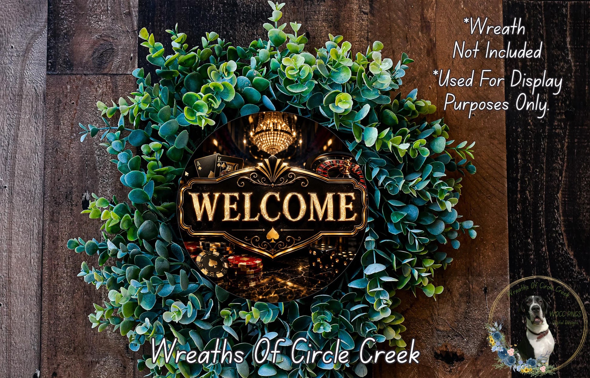 a wreath with the word "WELCOME" prominently displayed in the center. The wreath is made of various green and brown foliage, creating a festive and welcoming atmosphere. The background of the image is a wooden wall, which complements the wreath and adds to the overall aesthetic.