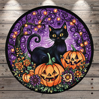 A black cat sits amidst pumpkins and flowers, with a purple and black background, creating a festive Halloween scene.