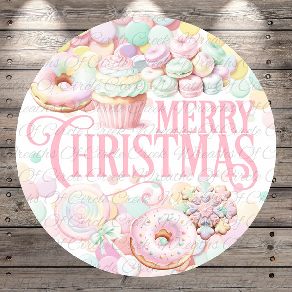 A circular design with a festive Christmas theme, featuring pastel-colored donuts, cupcakes, and other holiday-themed items. The text "Merry Christmas" is prominently displayed in the center of the design.