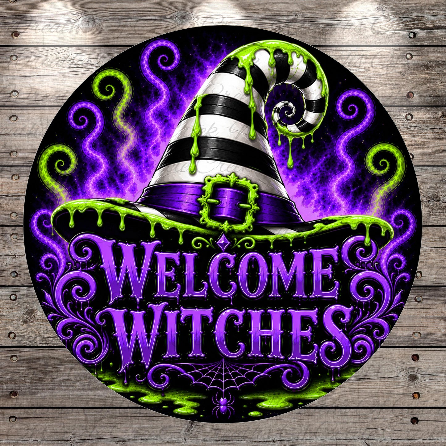 A circular sign with a black and white witch's hat, surrounded by swirling purple and green lights, and the text "Welcome Witches" prominently displayed.