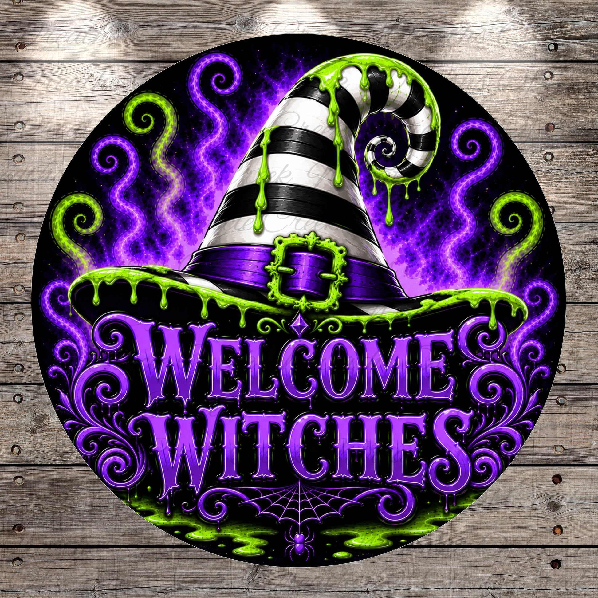 A circular sign with a black and white witch's hat, surrounded by swirling purple and green lights, and the text "Welcome Witches" prominently displayed.
