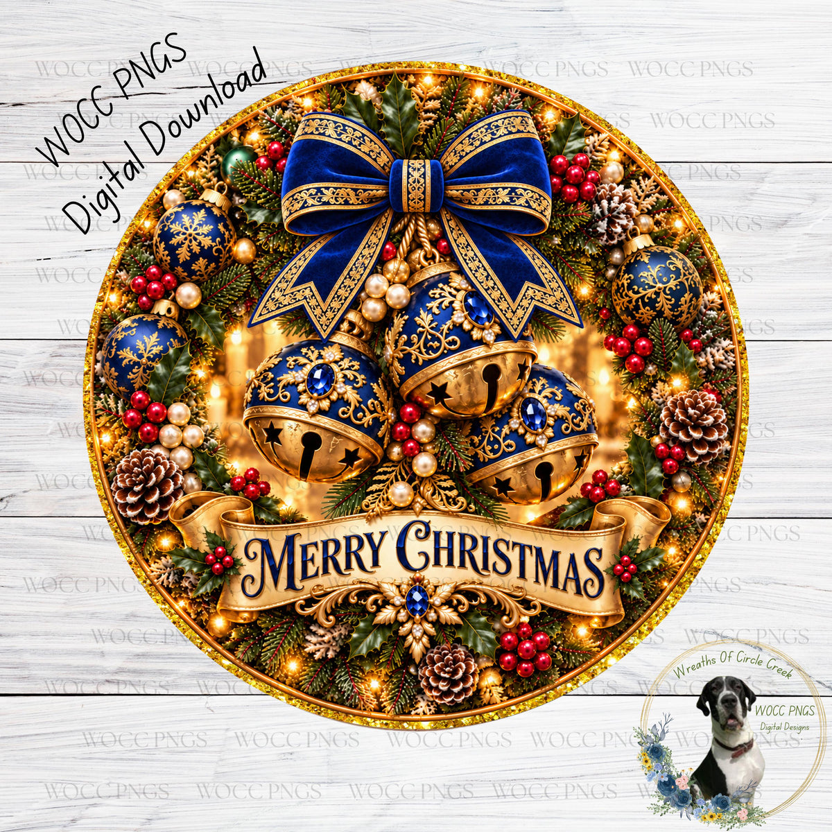 The image is a festive Christmas wreath adorned with various ornaments, including bells, pine cones, berries, and a ribbon with the text "Merry Christmas". The wreath is set against a white wooden background, and there is a small dog in the bottom right corner of the image.