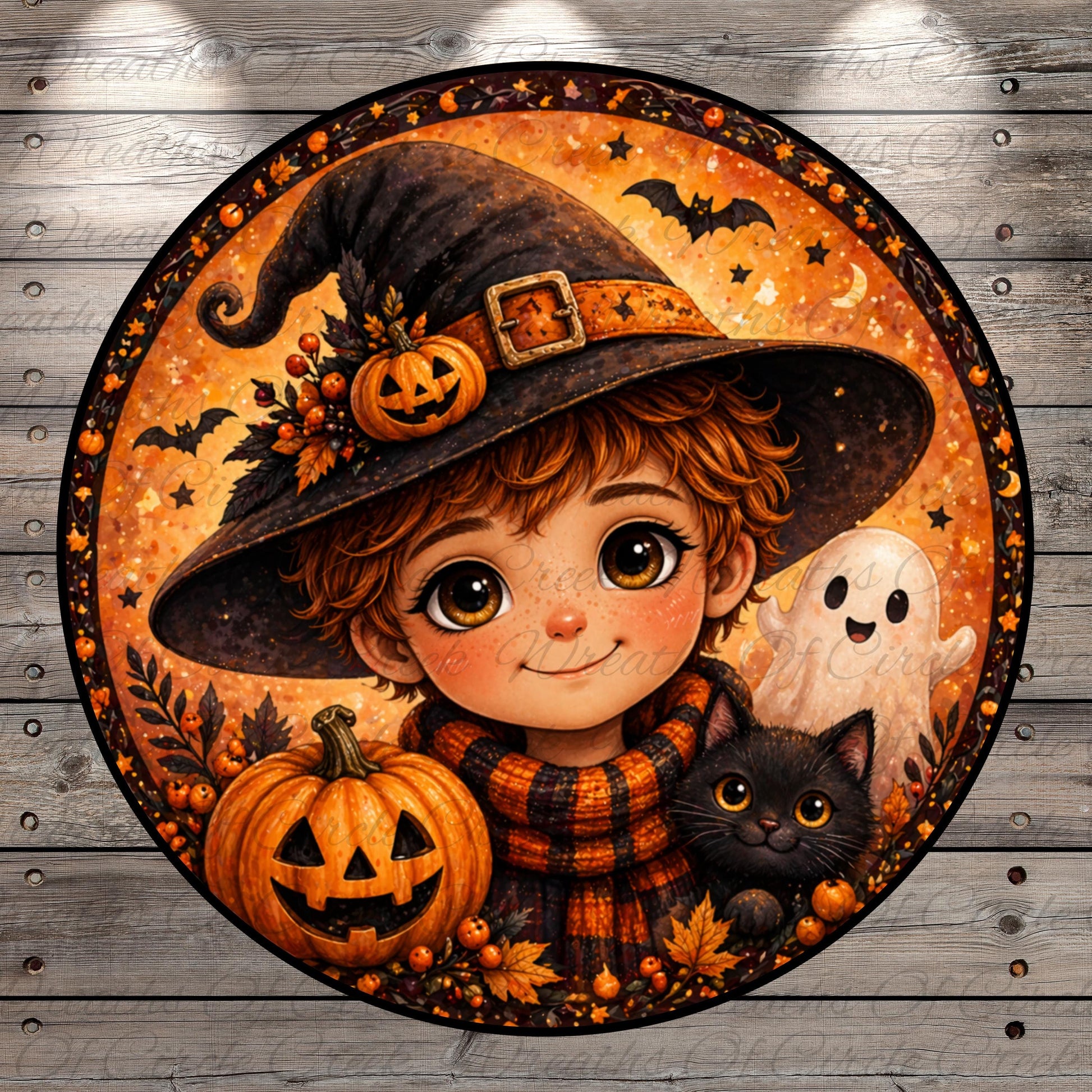 A young girl wearing a witch's hat and scarf is surrounded by Halloween-themed elements, including a pumpkin, a cat, and a ghost.