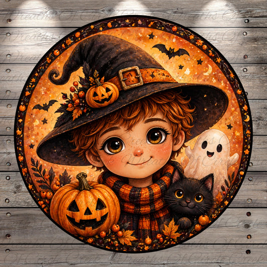 A young girl wearing a witch's hat and scarf is surrounded by Halloween-themed elements, including a pumpkin, a cat, and a ghost.