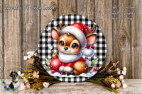 A festive wreath featuring a cartoon deer wearing a Santa hat, surrounded by holiday decorations such as flowers and greenery, set against a wooden background.