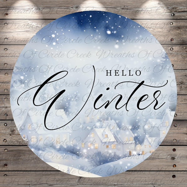 A circular graphic with a snowy winter scene and the text "Hello Winter" written in cursive.