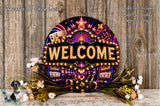 a large, illuminated sign that says "Welcome" with various casino-themed elements such as slot machines, poker chips, and flowers surrounding it.