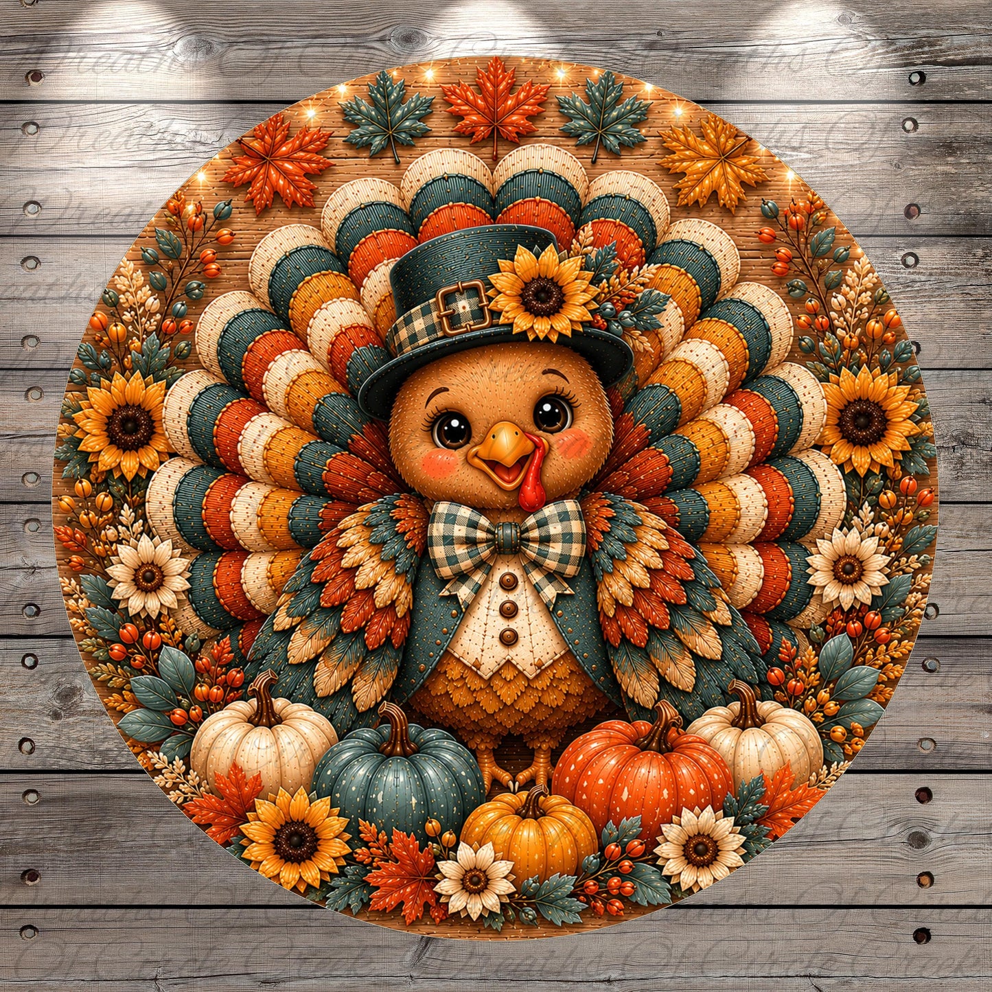 A colorful and detailed illustration of a turkey surrounded by autumn foliage, pumpkins, and sunflowers, all set against a wooden background.