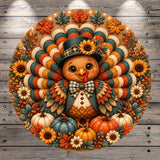 A colorful and detailed illustration of a turkey surrounded by autumn foliage, pumpkins, and sunflowers, all set against a wooden background.