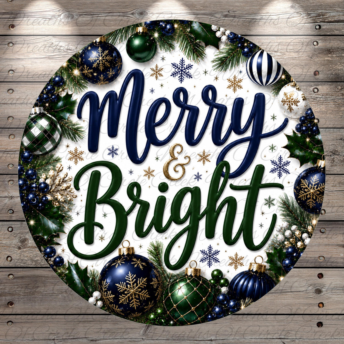 A circular arrangement of Christmas ornaments, greenery, and the text "Merry & Bright" against a wooden background.