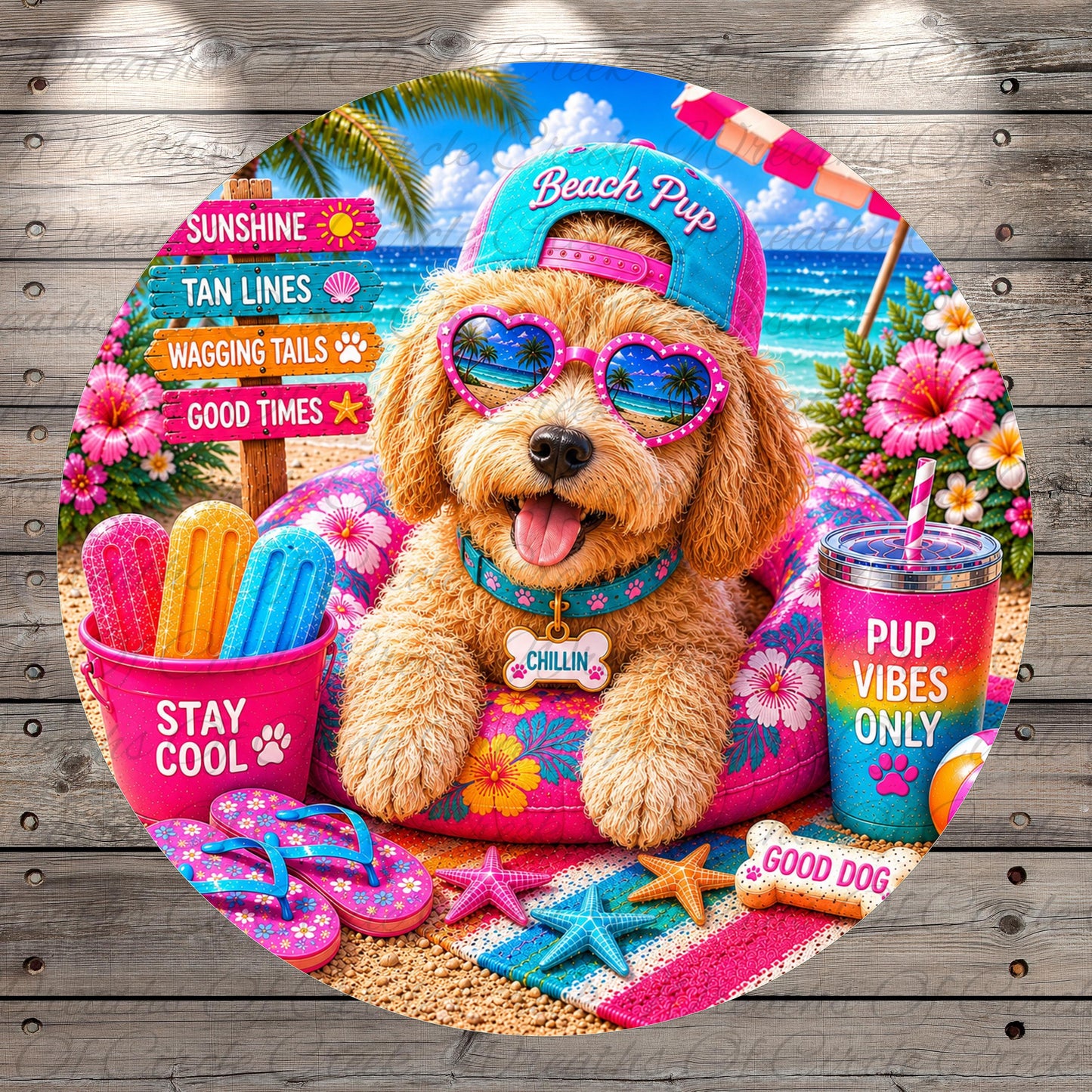A cheerful dog wearing sunglasses and a hat, surrounded by beach-themed items such as a bucket, cup, and sandals, with a beach sign in the background.