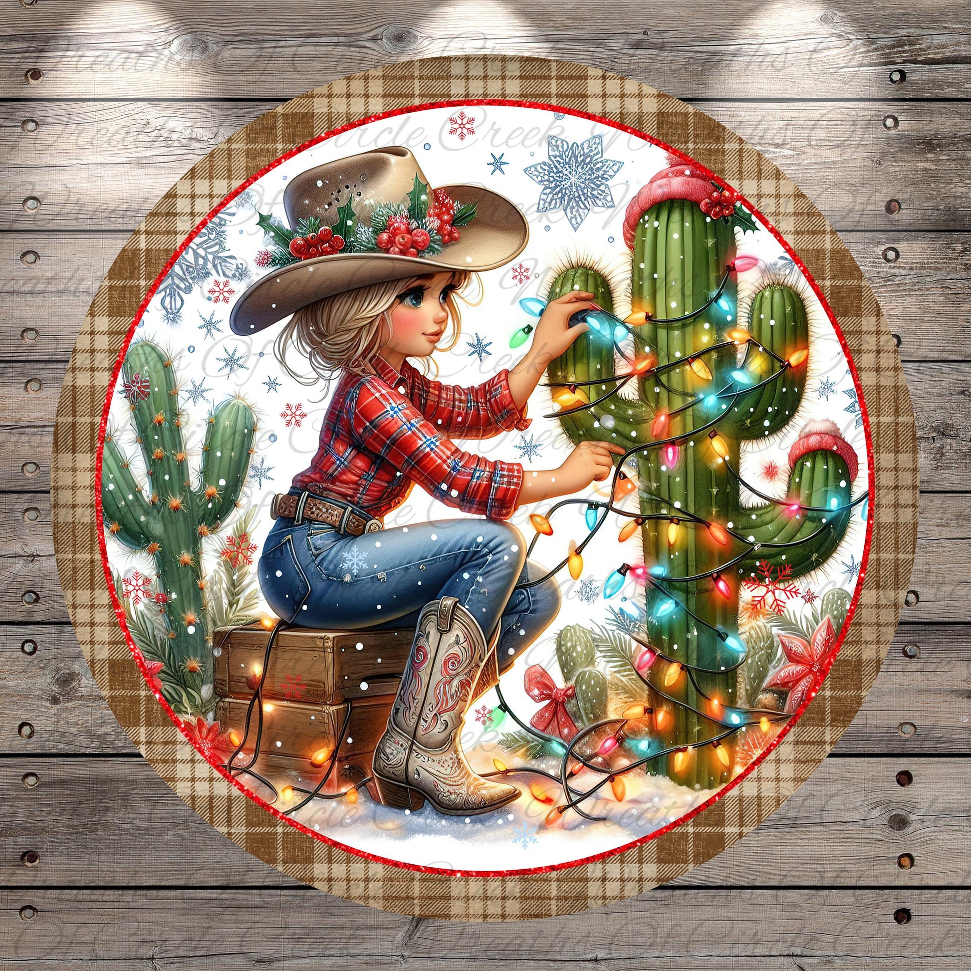 A woman in a cowboy hat sits on a suitcase, surrounded by a festive Christmas scene with a cactus and colorful lights.