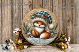 A round wooden sign featuring a cartoon fox wearing a hat and surrounded by winter-themed decorations, including snowflakes, pine branches, and flowers.