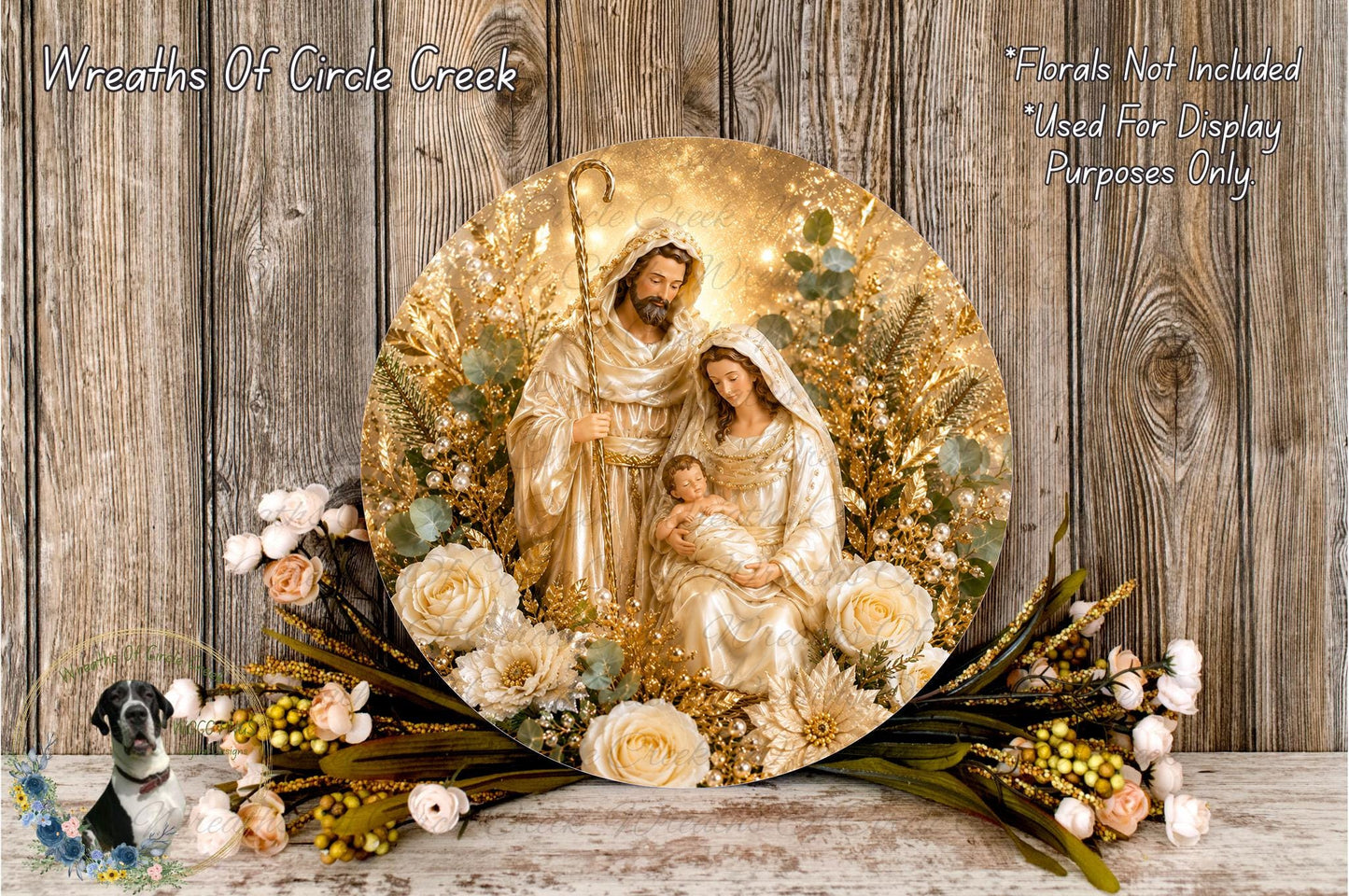 A decorative wreath featuring the image of the Holy Family, with the mother, father, and baby Jesus surrounded by flowers and greenery.