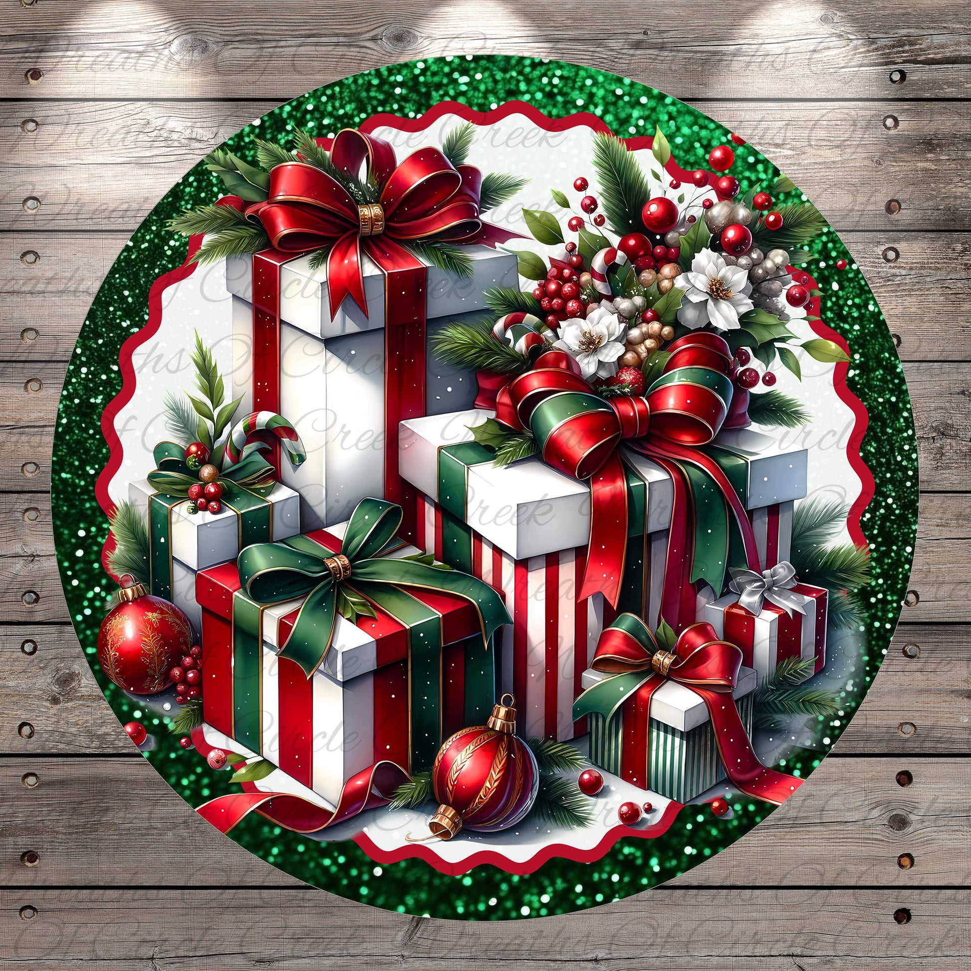 A festive Christmas scene with a circular arrangement of wrapped gifts, ribbons, and ornaments, all set against a backdrop of greenery and sparkling glitter.