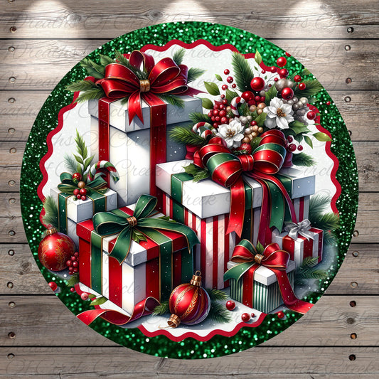 A festive Christmas scene with a circular arrangement of wrapped gifts, ribbons, and ornaments, all set against a backdrop of greenery and sparkling glitter.